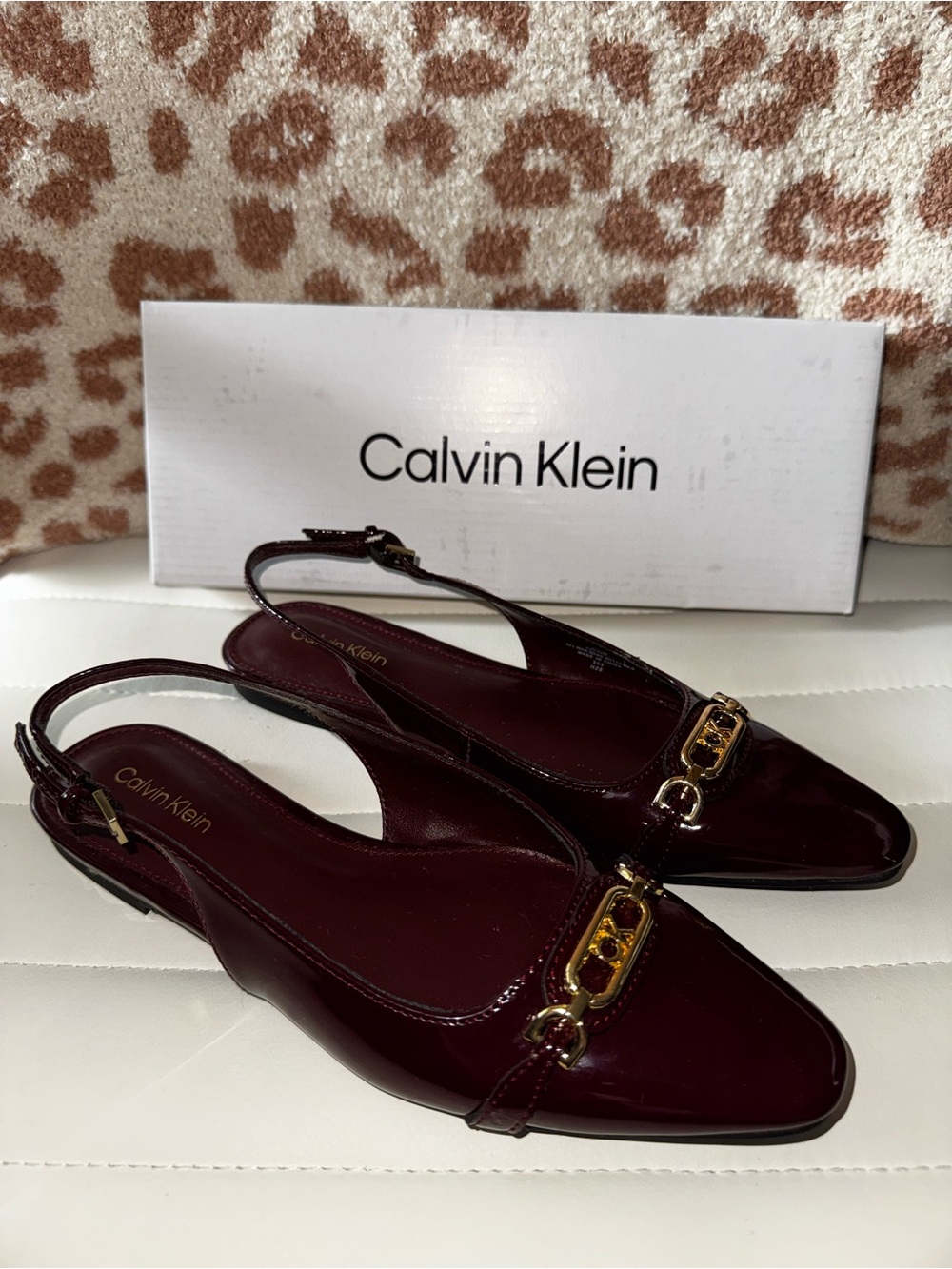 Calvin Klein Women's Burgundy Patent Slingback Flats with Gold Chain Accent